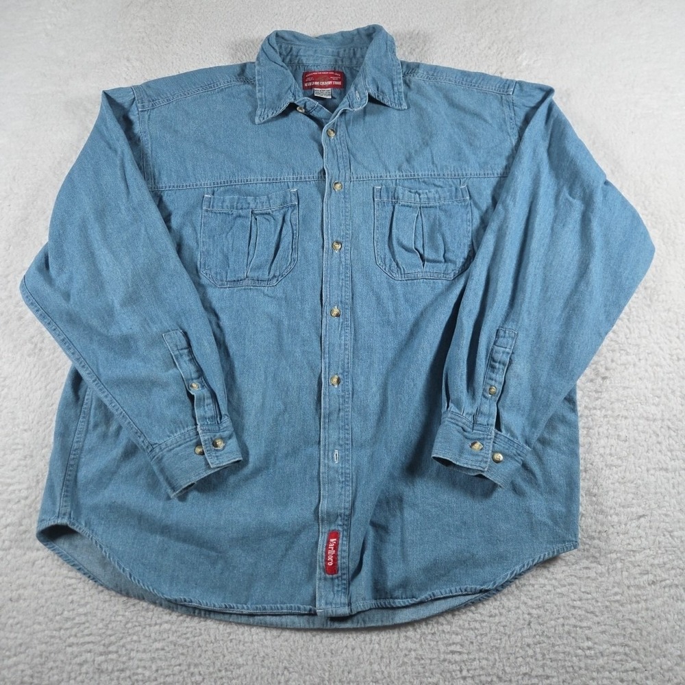 Vintage Marlboro Shirt Mens XL Blue Denim Button Front‎ Western Casual 90s